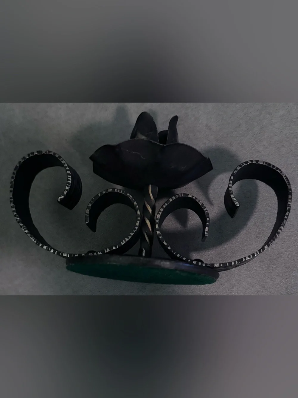 Vintage Black Wrought Iron Candle Holder, Sculptural Flower with Scroll SideArms